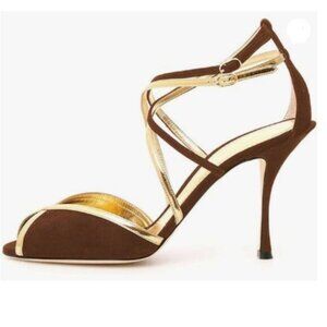 FSJ Deep Brown  Gold Crisscross Strap Peep Toe Slim Heeled Pumps Ankle Shoes